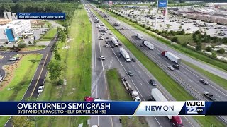 Overturned tractor trailer leads to massive backup on I-95 in Pooler