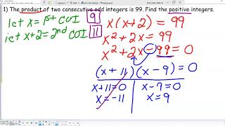 Word Problems Involving Quadratic Equations with Consecutive Integers
