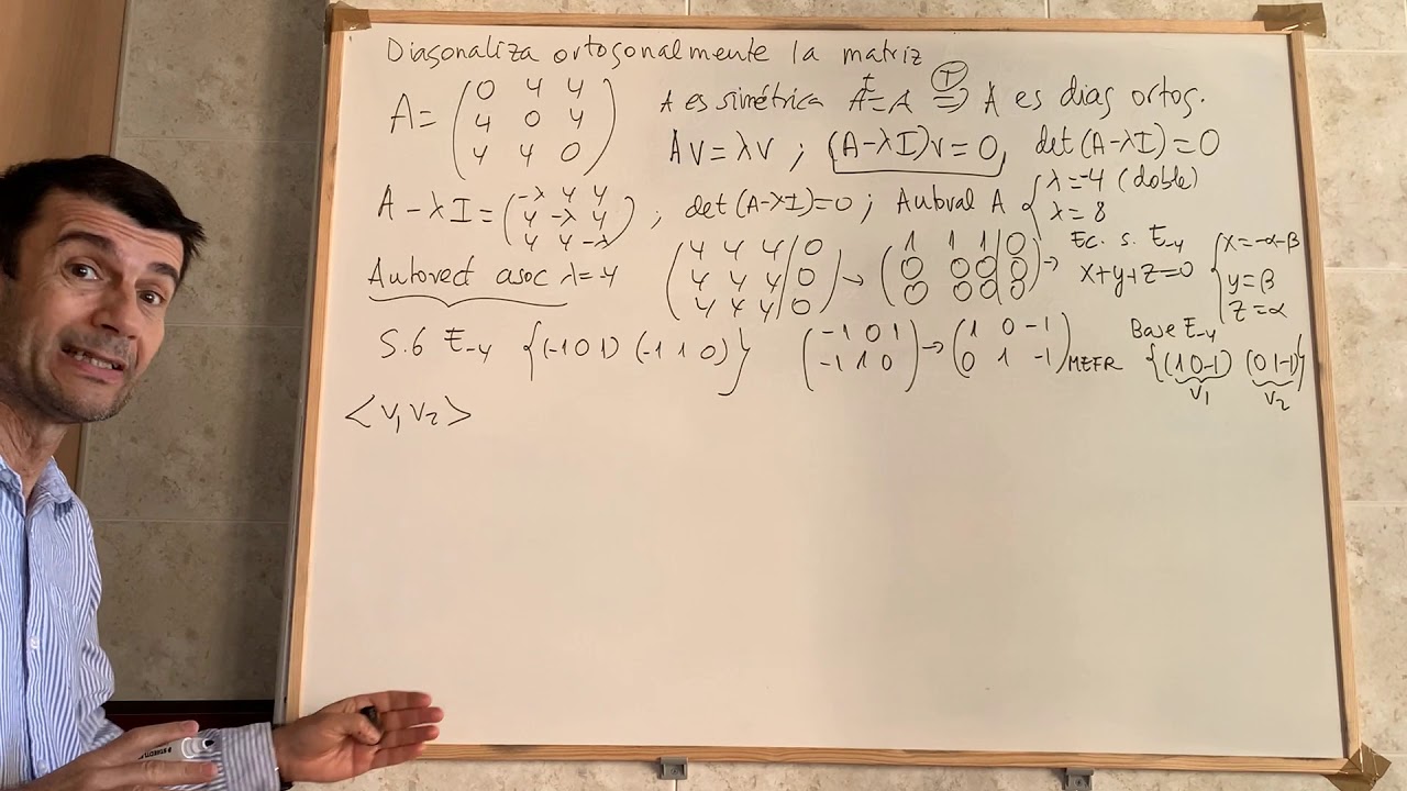 Diagonalización ortogonal de matrices simétricas. Explicación teórica y un ejemplo completo
