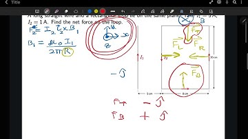 A long straight wire and a rectangular loop lie on the same plane. Take I1 = 5 A, I2 = 1 A.