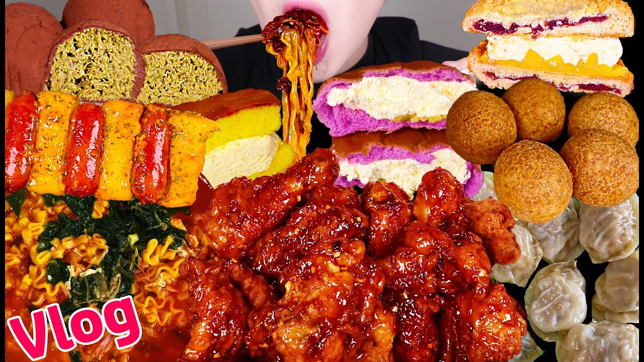 먹방 브이로그/ 단짠단짠의 축복이 끝이 없네✨(미역불닭볶음탕면+비비고만두/bhc스윗칠리킹/연세우유크림빵/고구마맘모스빵/디저트먹방/직접만든두바이쫀득쿠키/치즈볼/뿌링소떡)