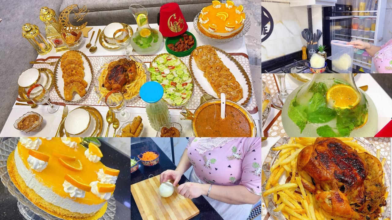 طاولة رمضان🌛من عجينة وحدة خرجت ملح وحلو دجاج محمر ومعمر طرط البرتقال سهلة موخيتو بارد