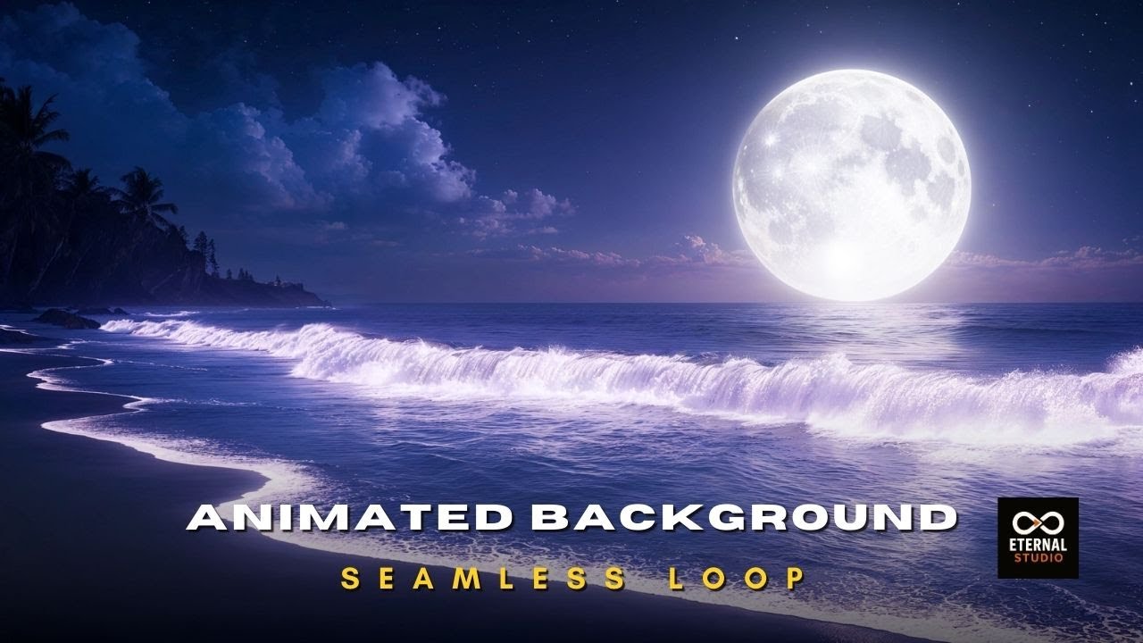 Animated Background - Moonlight Tropical Beach | Magical Neon White Waves Nighttime Ocean