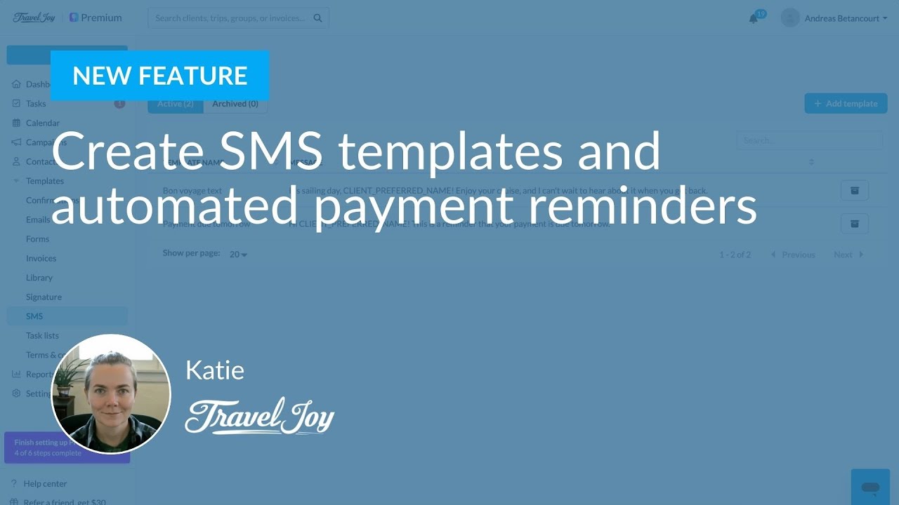 Create SMS templates and automated payment reminders | TravelJoy