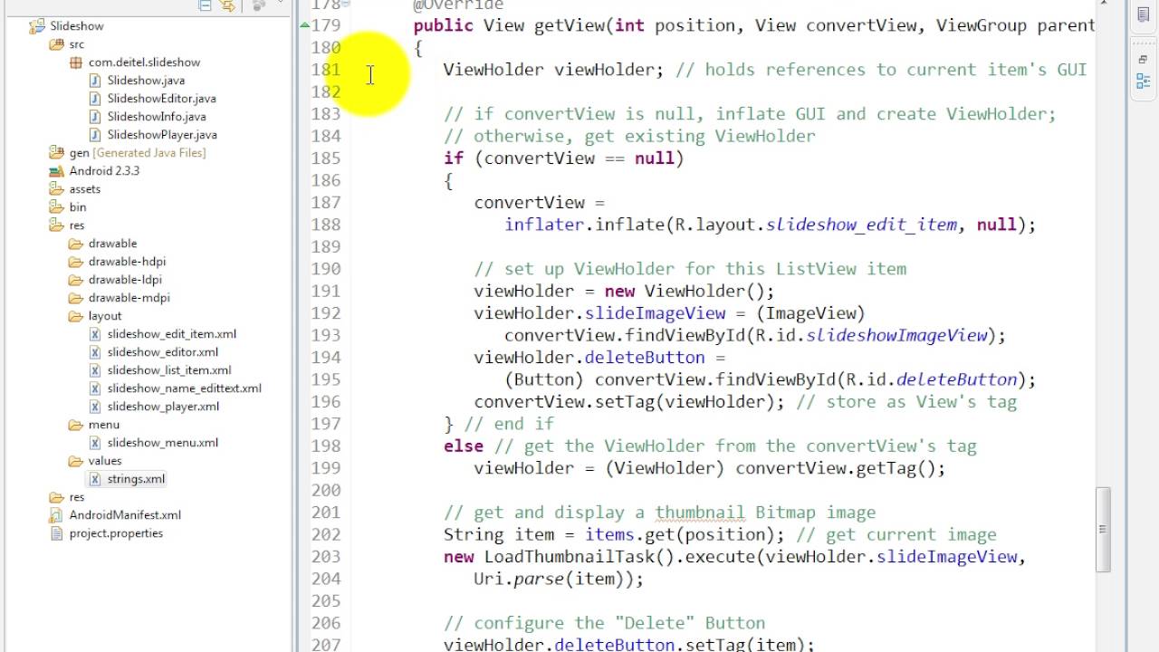 lesson12 28 SlideshowEditor java Nested classes ViewHolder and YouTube