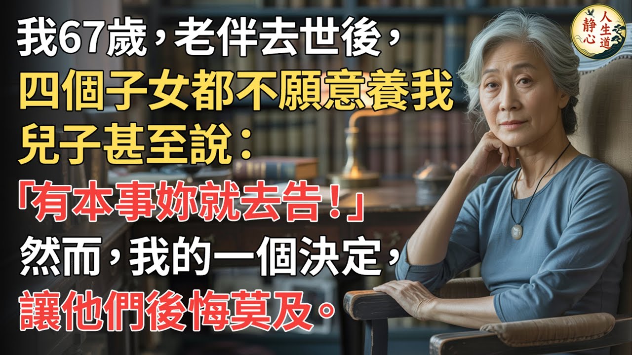 【我67歲】老伴去世後，四個子女都不願意養我。兒子甚至說：「有本事妳就去告！」然而，我的一個決定，讓他們後悔莫及。【靜心人生道】