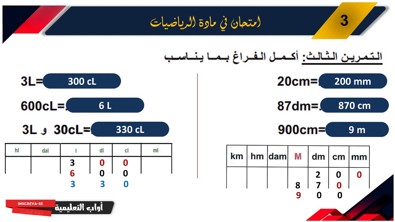 حل امتحان الفصل الأول في مادة الرياضيات / السنة الثالثة ابتدائي 2019.2020