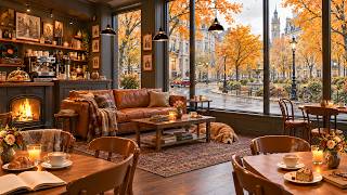 (NO ADS) Gentle Jazz & Cozy Firelight for Reading | Stress Relief with Peaceful Autumn Views 🍂