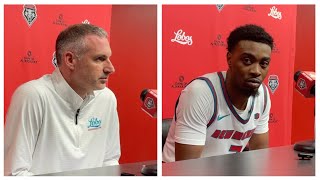 UNM Lobo coach Eric Olen and guard Tajavis Miller after losing to Utah State (Feb. 4, 2026)