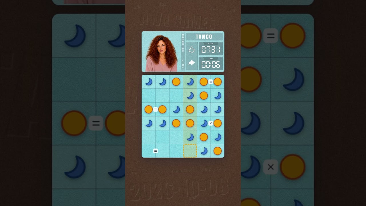 LinkedIn Tango #731 solved board for October 8, 2026, 6x6 grid