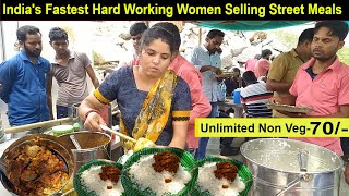 Hard Working Women Selling Cheapest Roadside Unlimited Meals || Non Veg Meals || Indian Street Food