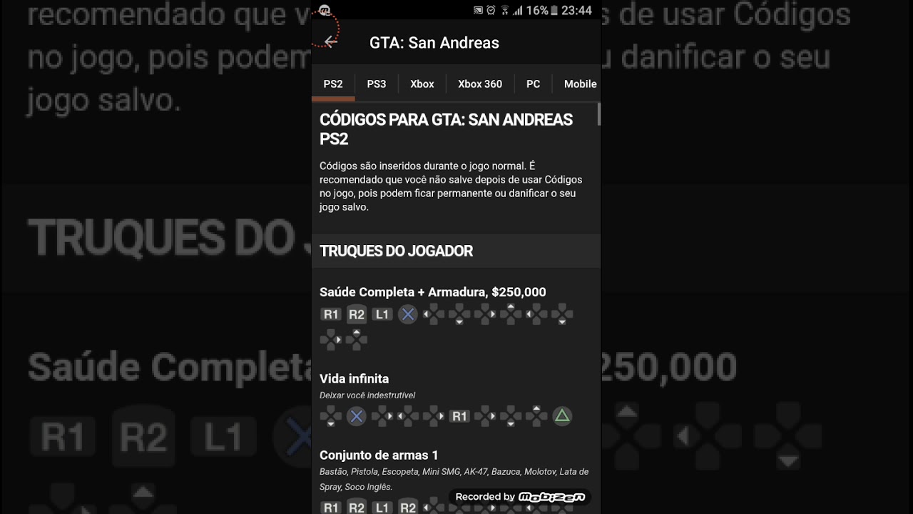 Os códigos de GTA SAN ANDREAS PRA (PS2) 