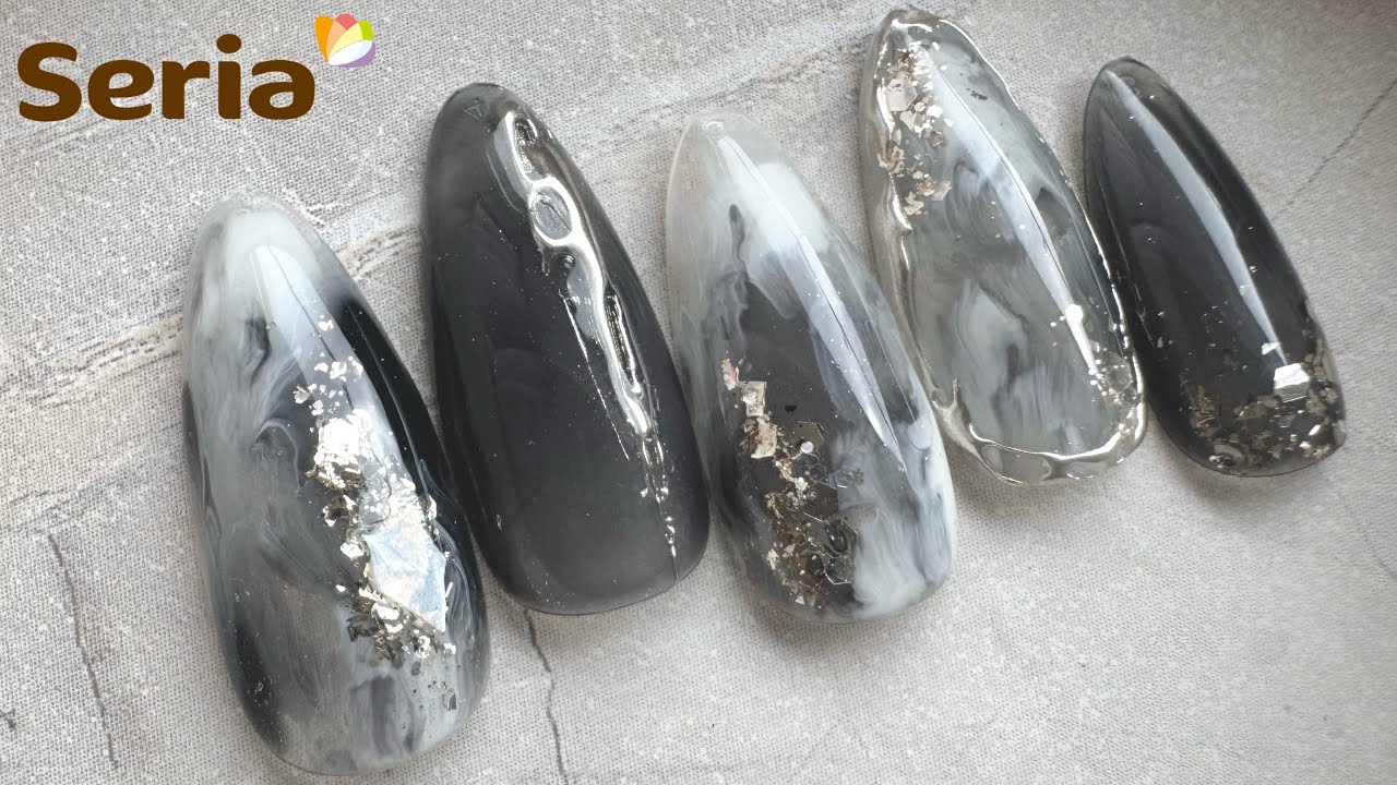 【セリア新色】にじみブラックニュアンスネイル🖤🩶