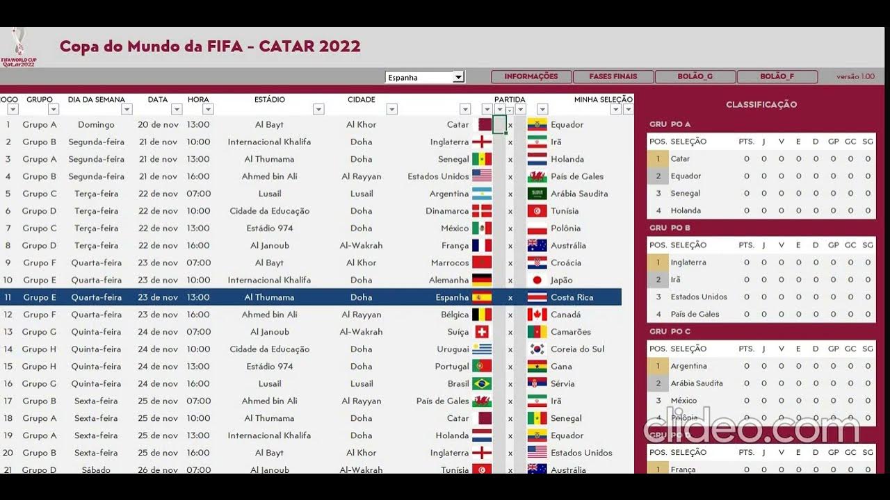 Tabela da Copa do Mundo de 2022 em Excel - com Bolão - YouTube