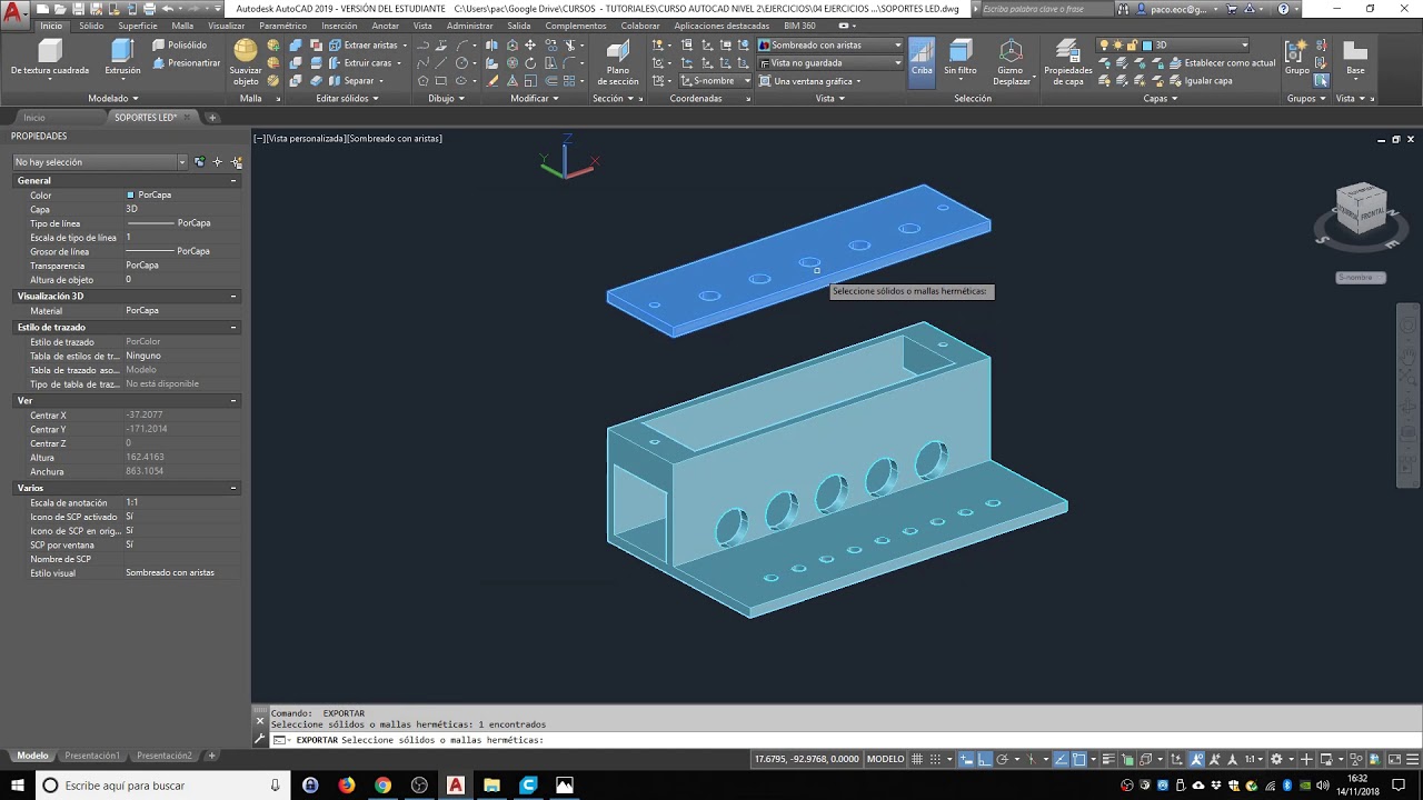 Exportar modelo 3D AutoCAD 2019 Portaleds a impresora 3D (2-3) - YouTube