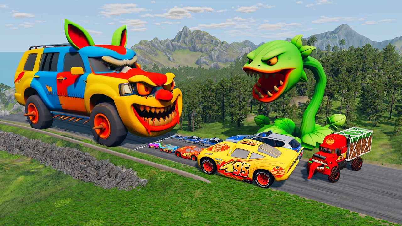 Big & Small McQueen & Police Car vs Zombie Mack, Giant Speed Bumps Downhill Race – BeamNG.drive