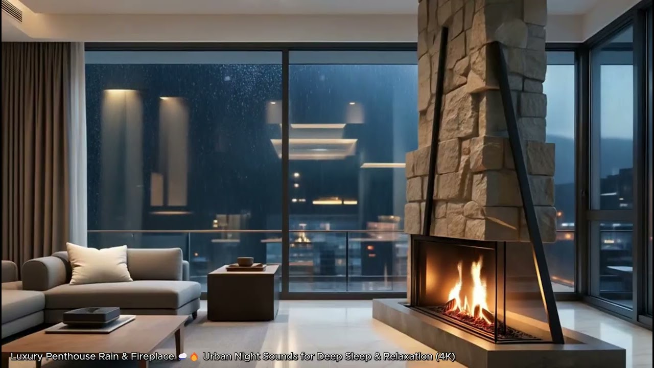 Luxury Penthouse Rain & Fireplace 🌧️🔥 Urban Night Sounds for Deep Sleep & Relaxation (4K)