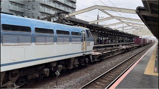 【いい音♪】JR貨物EF66形100番台128号機＋コキ17B（両）がブロワー起動して南流山駅中線を発車するシーン（72レ・吹A9・コンテナ輸送）2023.3.5