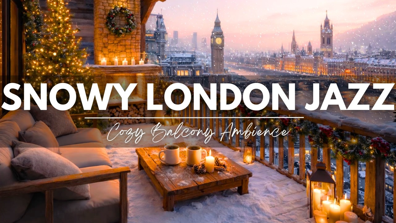 Snowy Jazz Café in London ☕ Cozy Balcony Ambience & Fireplace | Calm Jazz Music for Relaxing, Focus