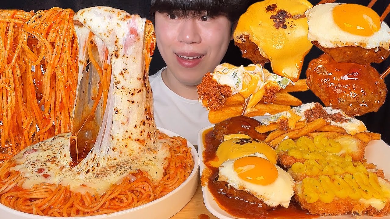 СУБТИТРЫ) Спагетти с сыром, тонкацу, стейк из гамбургера, картофель фри с чили и сыром мукбанг, асмр