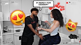 LEADING MY GIRLFRIEND ON WHILE SHE COOKS TO SEE HER REACTION.. *GETS AWKWARD*