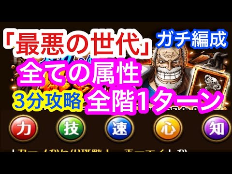 【トレクル】「最悪の世代」ガープからの挑戦！3分攻略！全ての属性、全階1ターン突破！【OPTC】Garp’s Challenge! Worst Generation! All Missions!