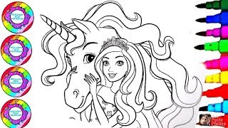 How to Color Barbie Girl with Rainbow Unicornio Friend 2020 Coloring Page for Everyone