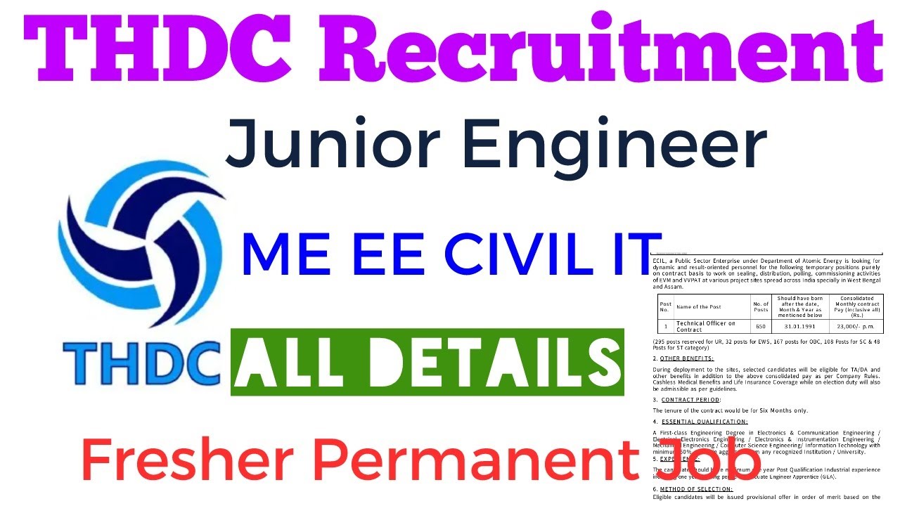 THDC Junior Engineer Recruitment 2021 - Fresher Permanent Job //ME EC EE CIVIL IT