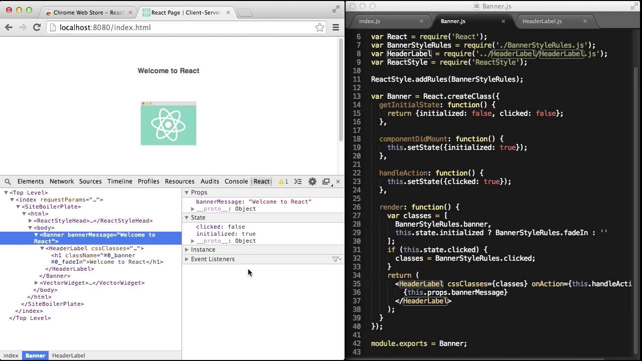 Click return. React Console. React developer Tools. React Index.html. React native Tools.