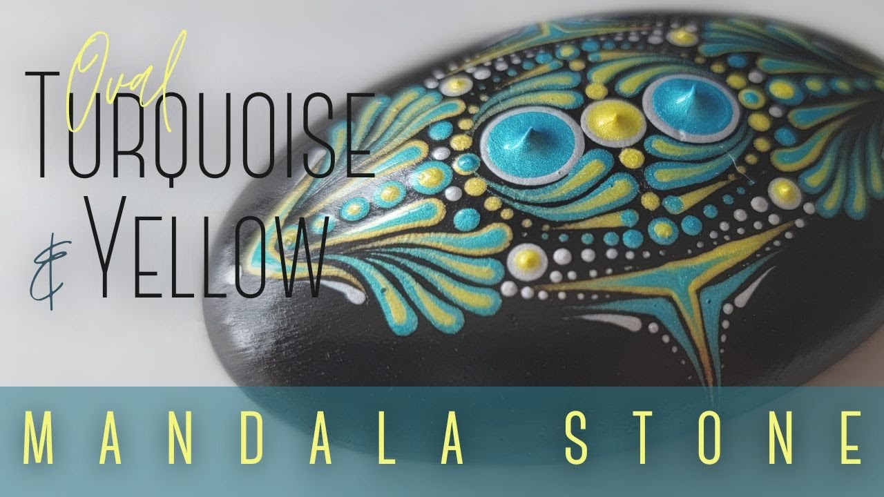 Oval Metallic Turquoise & Yellow Mandala Stone Painting