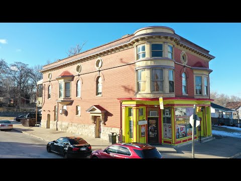 Drone Shots Of Chestnut Market Quincy Illinois Food and Liquor In Historic Building