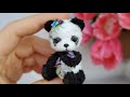 Mini crocheted black teddy panda bear. Custom miniature by Microtoysby