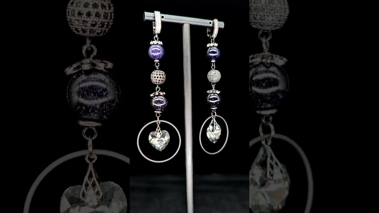 Extra Long Black Heart Earrings | Gunmetal Crystal Chandelier Jewelry