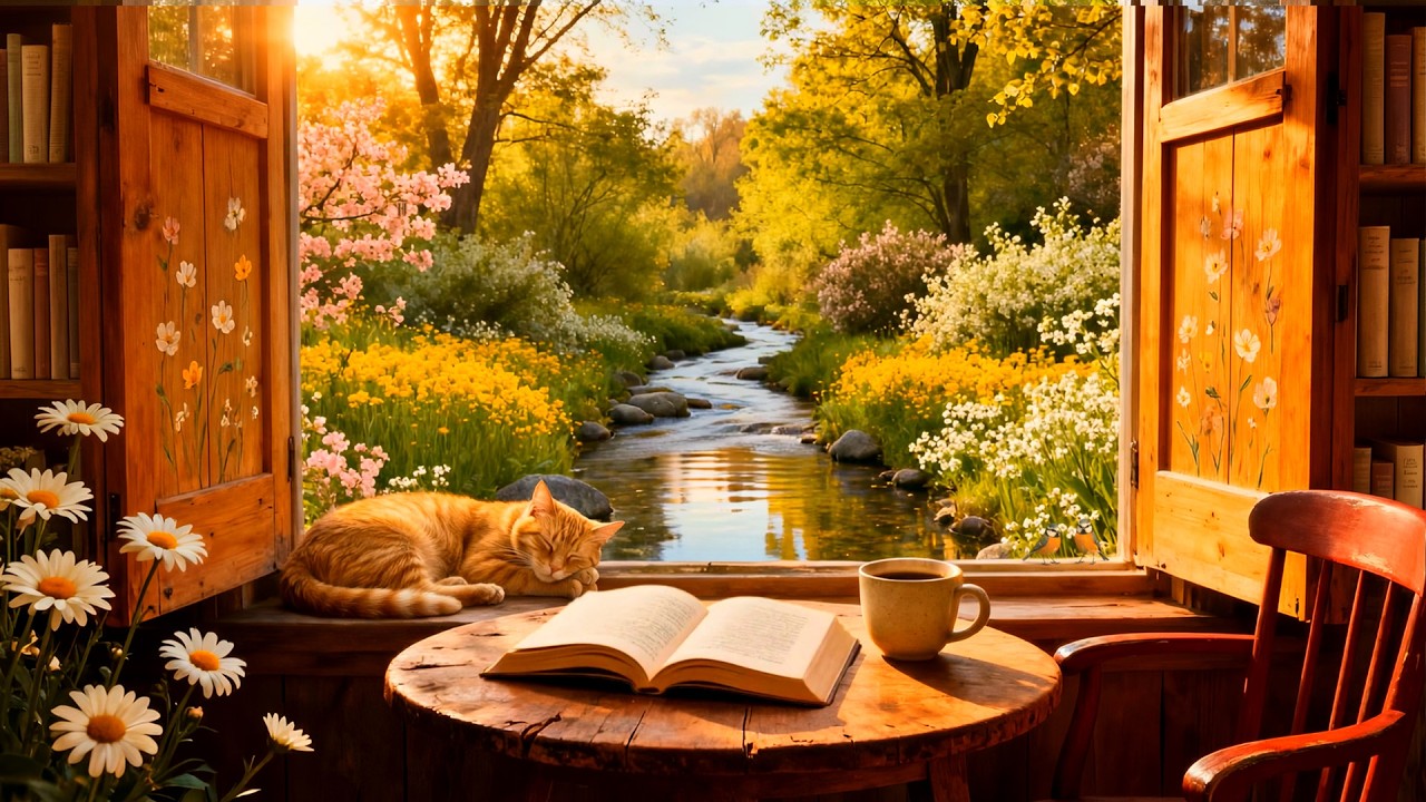 ☀️ Cozy Spring Window Reading 🌸 Stream Sounds & Golden Morning Ambience ...