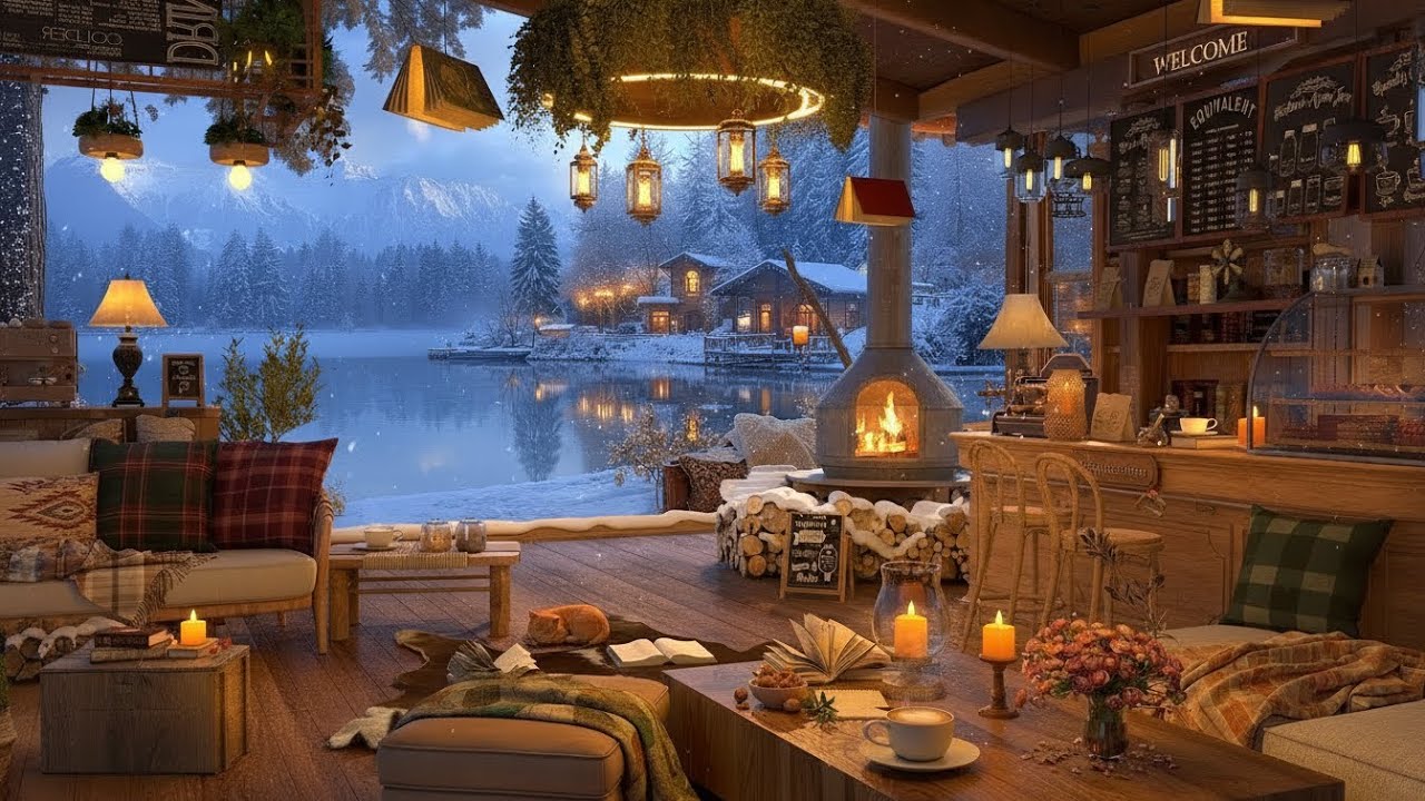 Peaceful Winter Coffee Shop by the Lake ❄️☕ Cozy Ambience for Work