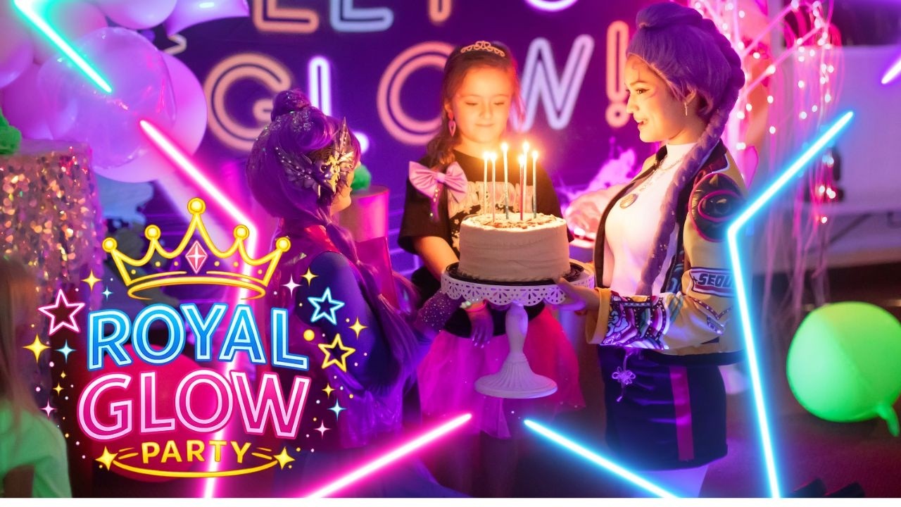 Black Light Glow Birthday Party at Reserving Royalty’s Fairytale Palace in High Point, NC featuring neon blacklights, glow slime, UV-reactive makeup, dance party fun, karaoke, glowing decorations, and immersive kids birthday entertainment in the Triad area.
