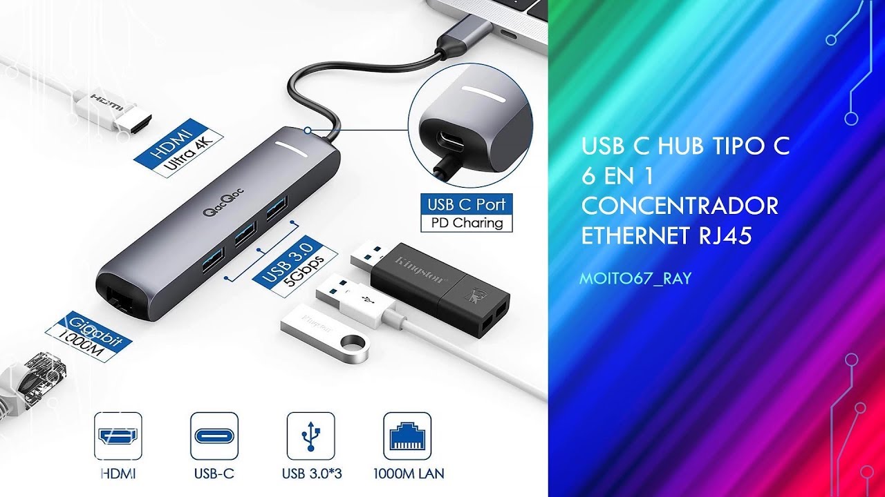 USB C Hub tipo C 6 en 1 Concentrador Ethernet RJ45, QacQoc GN33A2-MOM -  YouTube