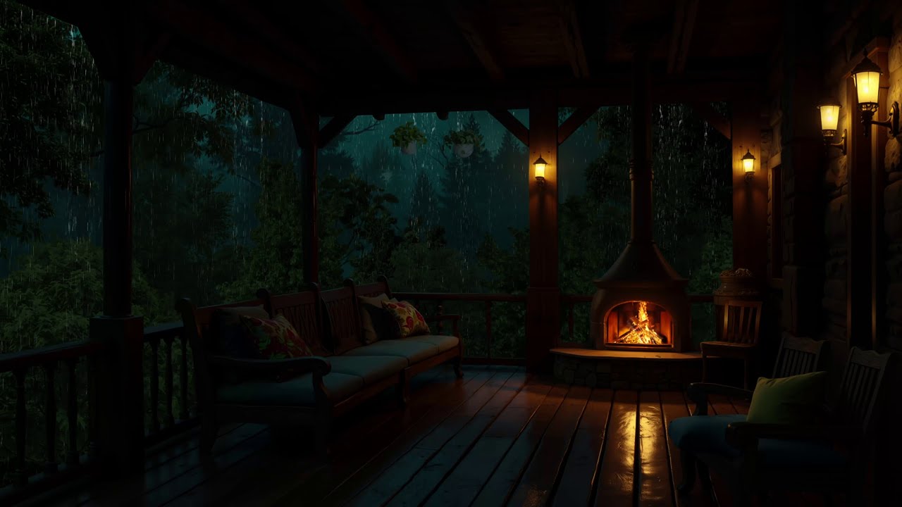 Soft Night Rain and Fire Sounds in Forest Cabin Porch 🌲 Relax and Fall Asleep Fast