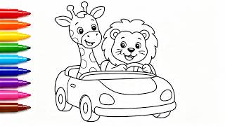 Details Let's Color a Lion and Giraffe in a Car! | Coloring for Kids Update