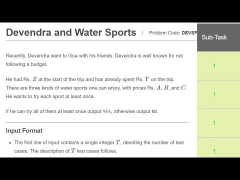 Devendra and Water Sport:  CodeChef Starters 21 Division 3 (Rated): 05/01/2022