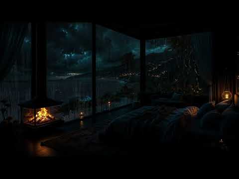Rainstorm Night Seaside🔥⛈️Fireplace & Thunder Sounds | Perfect Cabin Sleep Vibes & Rest (NO ADS)