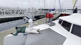 Neel 43 Trimaran springing stern off of dock