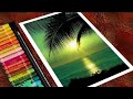 Green Sunset Scenery Drawing with Oil Pastels for Beginners - step by step