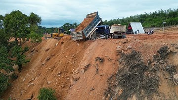 Mix! Mountain Landfill Hard Work 15Ton Dump Trucks Unloading and Dozer Pushing Soil Stones
