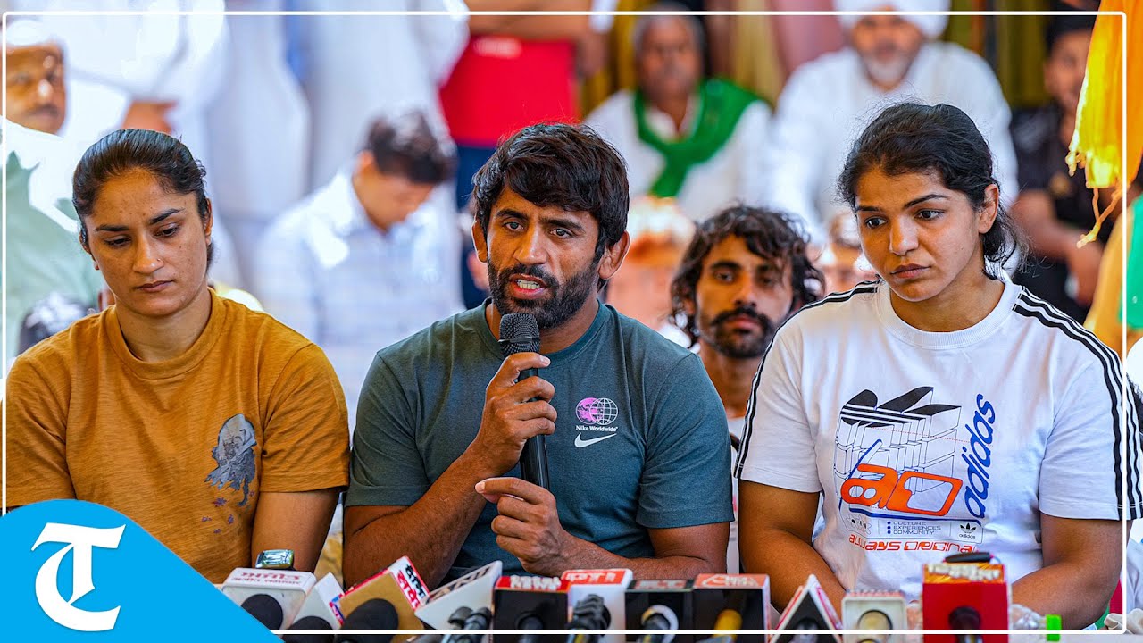Top wrestlers Bajrang Punia, Sakshi Malik, Vinesh Phogat during a press conference, in New Delhi
