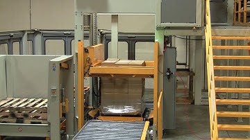 Upper Level Row-forming Palletizer with Concurrent Stretch Wrapping by TopTier palletizers