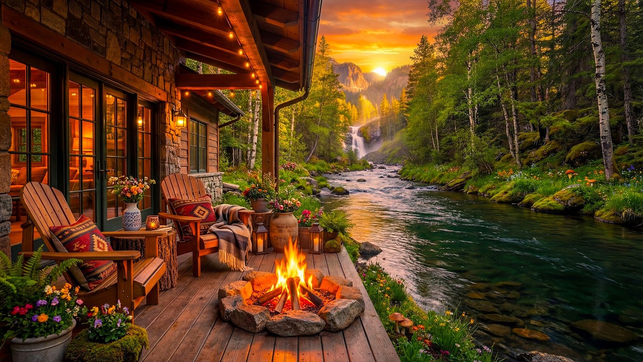 Amazing Spring Sunset Riverside Cabin Porch 🔥🌅 Crackling Campfire, Calm River Sounds & Nature Sounds