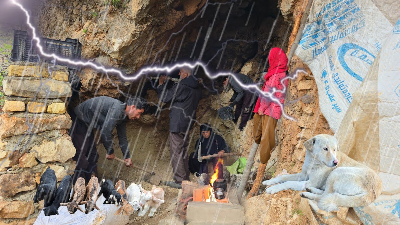 Living in a cave under a storm and heavy rain ⛈️Building shelter and ...