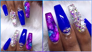 Watch Me Work | Royal Blue Coffin Acrylic Nails Tutorial | Alcohol Ink Marble and Swarovski Crystals screenshot 5