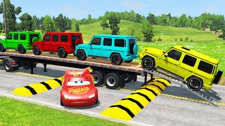 Flatbed Trailer Cars Transporatation with Truck - Pothole vs Car BeamNG Drive #19